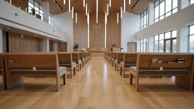 Modern interior of a serene chapel with wooden benches and bright lighting, peaceful atmosphere