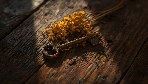 Antique rusted iron key and dried mustard yellow flowers on a weathered wooden table in autumn sunset light