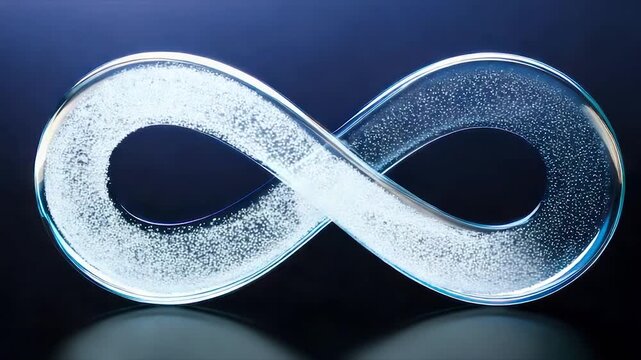 A clear infinity symbol shape containing tiny white particles. Blue gradient background and reflections