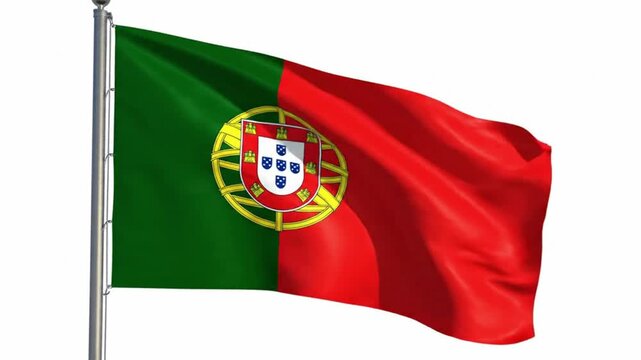 Flag of portugal waving on a flagpole, isolated on white background