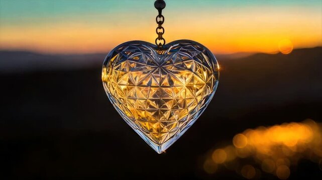Crystal heart pendant hangs, illuminated by sunset. Sparkling facets catch light. Dusk scenery