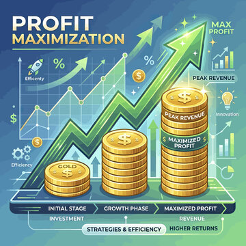 Conceptual illustration of profit maximization featuring gold coin stacks and an upward growth trend arrow.