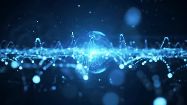 Mesmerizing cgi of a futuristic blue digital network with a pulsing central data hub, luminous tendrils, and glowing particles flowing in a vast dark void with bokeh. Concept of cutting-edge