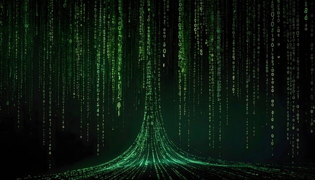 Vertical streams of glowing green binary code cascading through dark cyberspace. Matrix style digital data rain representing computer programming and encryption.