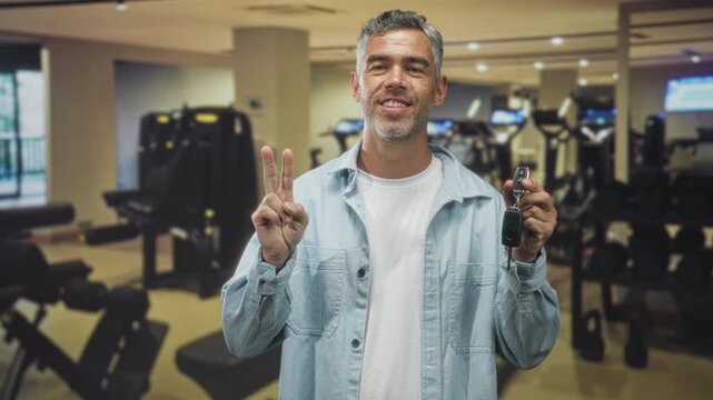 Man holding car keys and flashing peace sign in a gym building while smiling and wearing a light denim shirt; casual confidence.
