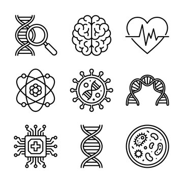Science and medical laboratory research icons set with laboratory genetics microscope research