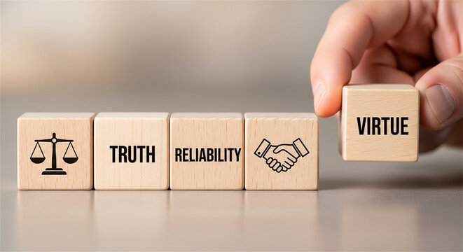 Virtue and truth concept on wooden blocks, hand placing ethics and reliability cubes, business integrity and moral values in corporate culture