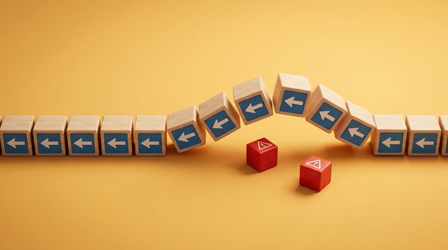 Domino effect of wooden blocks with blue arrows disrupted by red blocks, symbolizing a break in continuity, challenge, or problem in a system or process