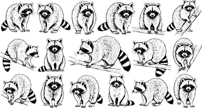 Vintage raccoon illustration set, hand drawn wild animal sketches in black and white, 18 vector raccoon icons for nature and wildlife design