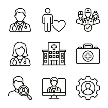 Medical professional and hospital service icons with hospital healthcare professional building