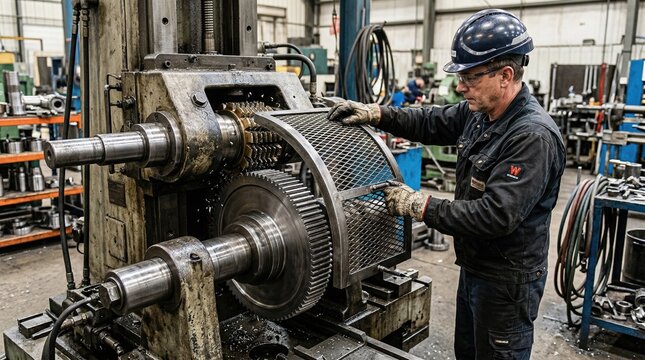Heavyduty gear hobbing machine setup captured midaction with an operator fitting robust arbors and protective guards emphasizing industrial strength and safety.