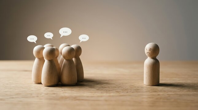 A group of wooden figures with active speech bubbles engaging in conversation, while a lone figure stands isolated, symbolizing social dynamics and divergent opinions