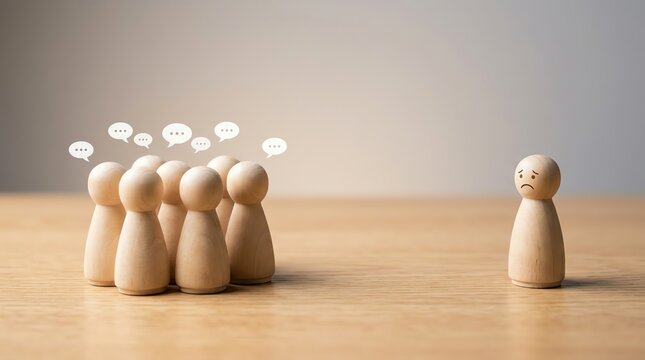 Lonely wooden figure observing a communicating group, symbolizing social exclusion, isolation, and the feeling of being an outsider looking in on discussions