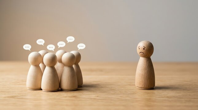 Sad wooden figure standing isolated from a communicating group, symbolizing social exclusion, loneliness, bullying, and the impact of ostracism