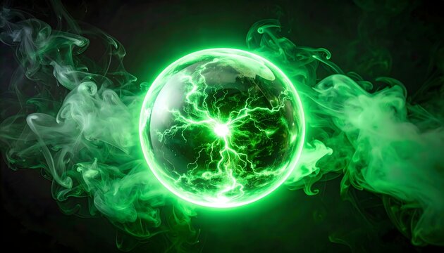 Glowing electric green orb with mysterious smoke effect on isolated black background. Abstract energy sphere for magical or scientific concept.