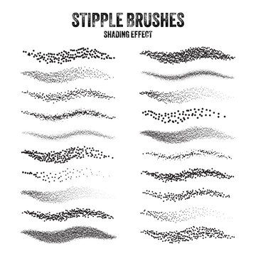 Ink scatter brush, stipple drawing and texturing. Fading gradient. Stippling, dotwork drawing, shading using dots. Halftone disintegration effect. White noise grainy texture. Vector illustration