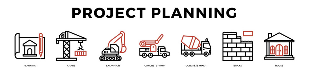 Construction project planning workflow icons including crane excavator concrete mixer and building process for engineering and development needs © RICH ICON