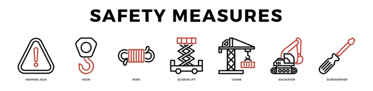 Construction safety and protection icons including warning sign lifting tools and equipment for industrial workplace risk prevention