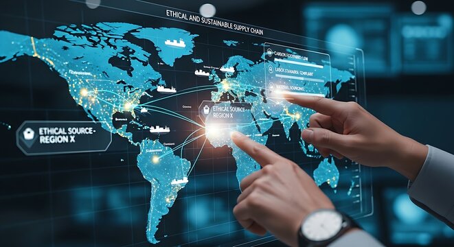 Sustainable and ethical supply chain. A manager's hands track a product's origin on a holographic map, ensuring an ethical and sustainable supply chain.