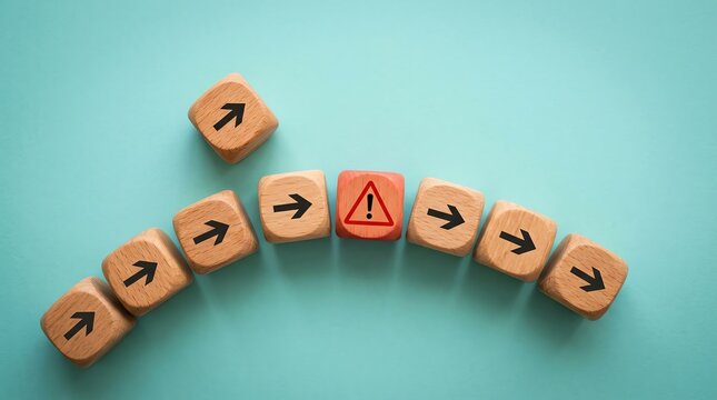 Navigating Challenges Wooden Cubes Illustrate Divergent Paths and Warning Signs