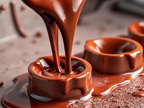 Molten chocolate flowing from spout into molds, machinery, treats