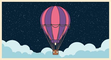 Hot Air Balloon Floating Above Clouds at Night Sky © yo