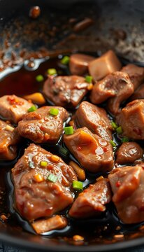 Saut&eacute;ed pork liver with soy sauce and spices sizzling in a wok, ||pork liver, chopsticks