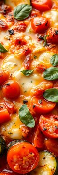 Savory casserole of zucchini, tomatoes, and melted mozzarella, hot food, ||casserole