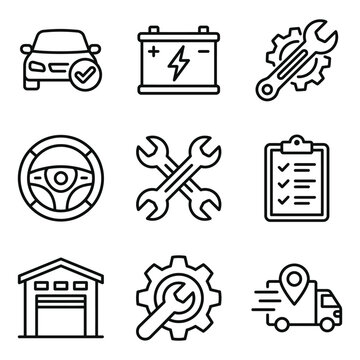 Automotive workshop service and car maintenance outline icons with maintenance automotive steering