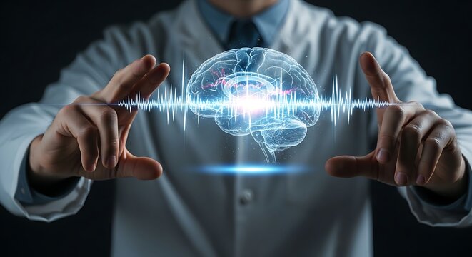 Brain-computer interface (BCI). A researcher's hands observe a hologram of a brain with neural waves responding to stimuli, representing BCI technology.