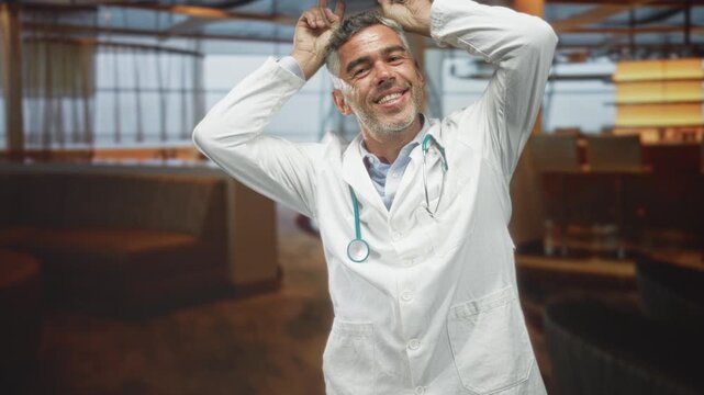 Man doctor, middle age with grey hair, in labcoat with stethoscope raising hands to head in airport lounge seating area; playful ease.