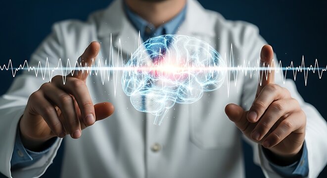 Brain-computer interface (BCI). A researcher's hands observe a hologram of a brain with neural waves responding to stimuli, representing BCI technology.