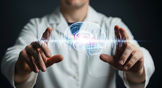 Brain-computer interface (BCI). A researcher's hands observe a hologram of a brain with neural waves responding to stimuli, representing BCI technology.
