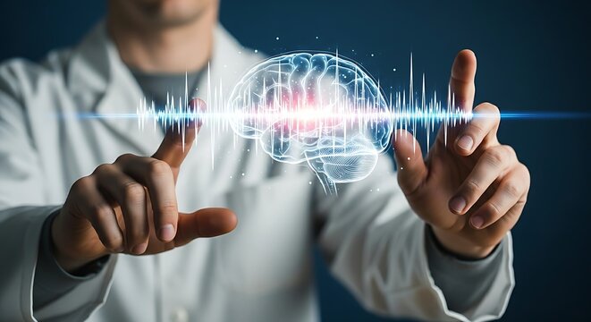 Brain-computer interface (BCI). A researcher's hands observe a hologram of a brain with neural waves responding to stimuli, representing BCI technology.