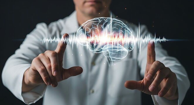 Brain-computer interface (BCI). A researcher's hands observe a hologram of a brain with neural waves responding to stimuli, representing BCI technology.