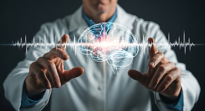 Brain-computer interface (BCI). A researcher's hands observe a hologram of a brain with neural waves responding to stimuli, representing BCI technology.
