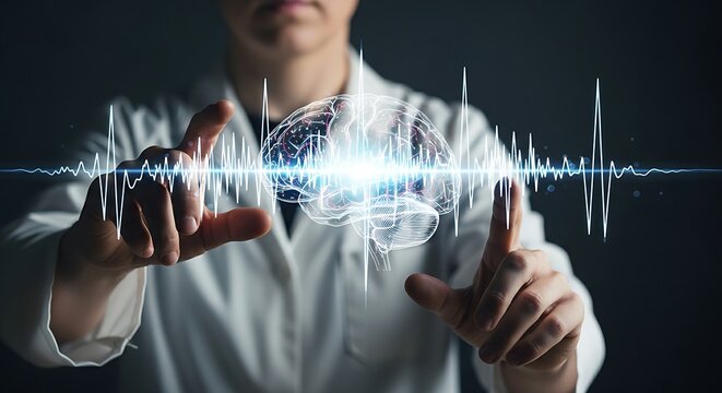 Brain-computer interface (BCI). A researcher's hands observe a hologram of a brain with neural waves responding to stimuli, representing BCI technology.
