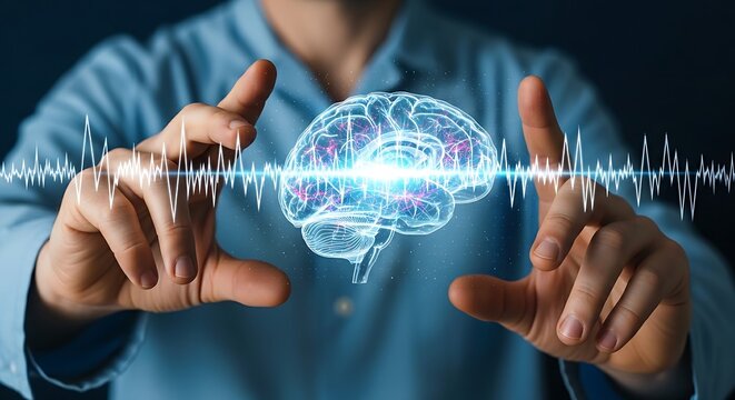 Brain-computer interface (BCI). A researcher's hands observe a hologram of a brain with neural waves responding to stimuli, representing BCI technology.