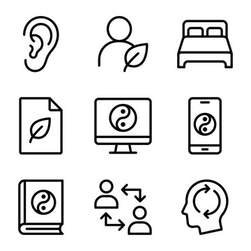 Set of nine mindfulness and personal wellness themed line icons with mindfulness wellness personal