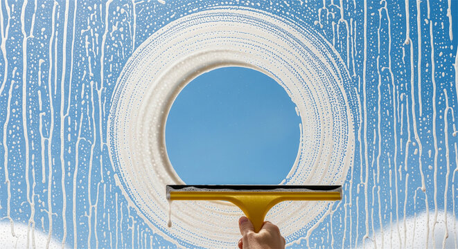 Professional window cleaning service with yellow squeegee, soapy water foam on glass surface, clear blue sky background with circular wipe