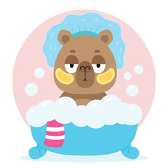 Fototapeta premium Funny cartoon capybara taking a bubble bath, wearing a shower cap and patches. Vector illustration, isolated background.