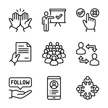 Set of nine corporate business and professional interaction line icons with business, corporate