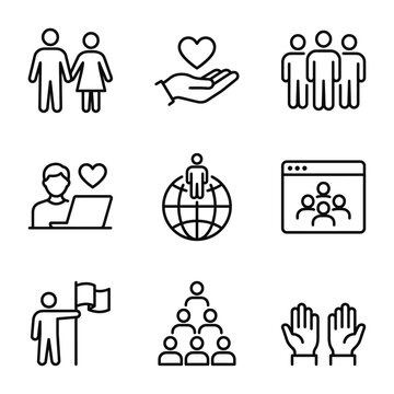 Set of nine social connection and human community line icons with community connection business