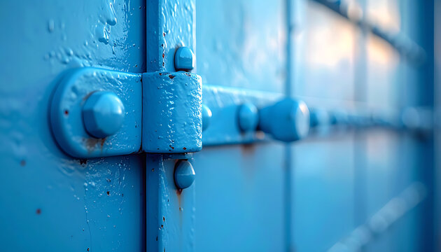 Close up of a weathered, bright blue metal door with prominent rivets and visible rust spots, suggesting industrial or vintage aesthetic, texture detail
