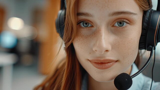 Support Specialist: A young woman with fiery red hair and captivating blue eyes, adorned with a professional headset, ready to offer assistance and guidance.
