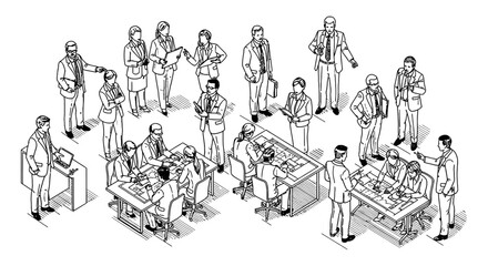 Obraz premium isometric illustration of diverse business people collaborating discussing corporate strategy during an office meeting and project planning.