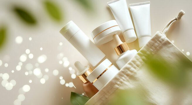 Blank Skincare Cosmetic Mockup Packaging Set with Cream Jars Tubes and Serum Bottles in Bag