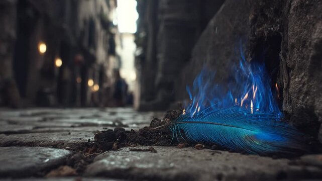 Mysterious blue flame illuminates a feather on cobblestone ground in alleyway