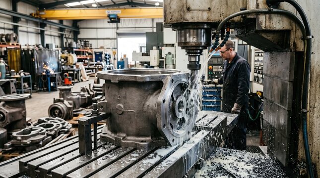 Medium shot capturing the robust casting and CNC cutting of cast iron gear pump casing emphasizing heavyduty manufacturing in a wellequipped metal workshop.