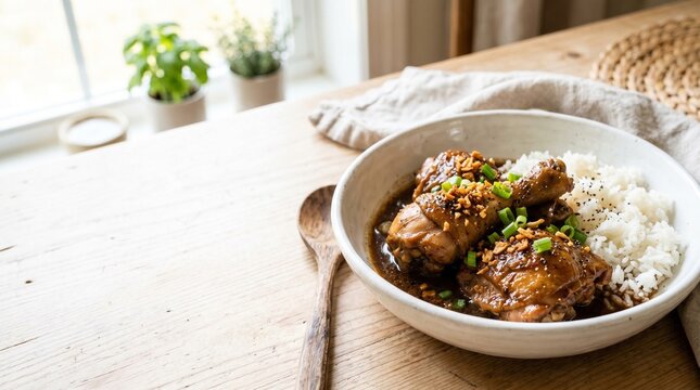 Authentic Pinoy Chicken Adobo on white Bowl with copy space area